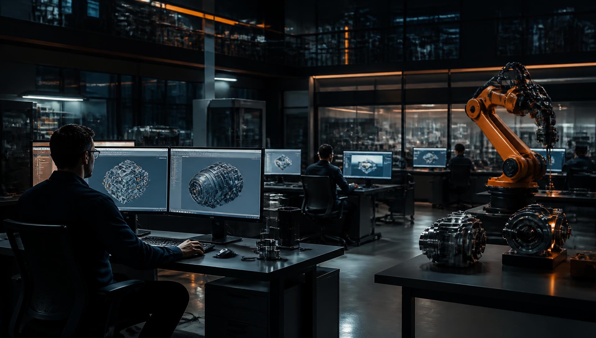 Engineers working on CAD workstations beside an industrial robot in the SAARRV engineering laboratory